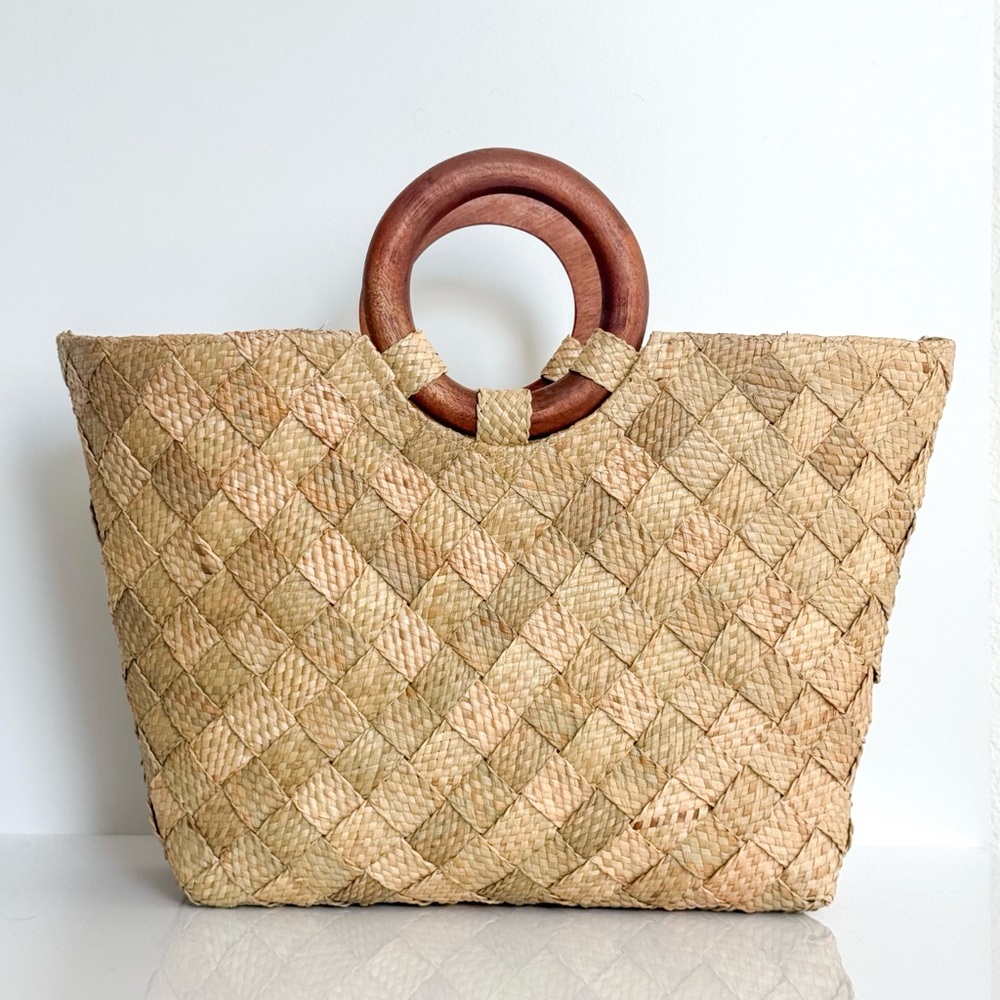 Natural Woven Straw Tote with Wooden Handles
